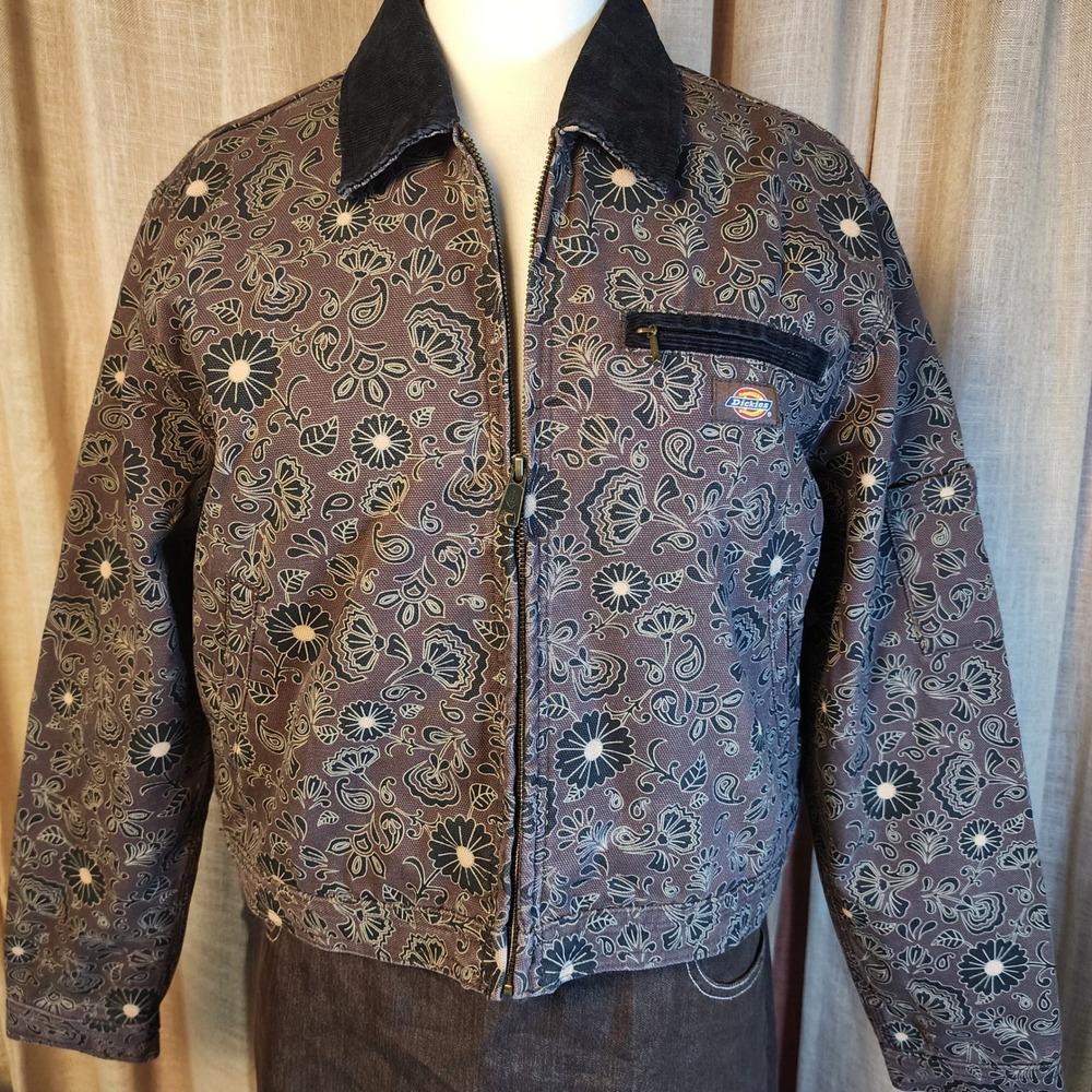 Dickies Ellis Womens L Floral Paisley Duck Canvas Jacket Brown Corduroy Collar